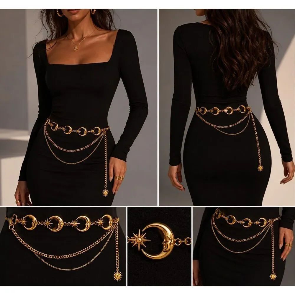 Celestial Moon Chain Belt — Gold Statement Waist Jewelry NWOT